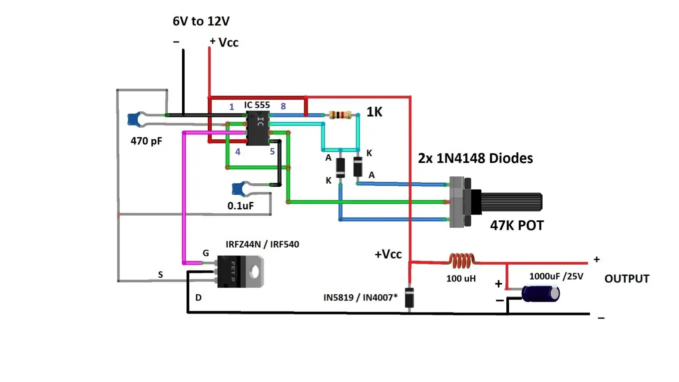 Buck converter circuit using IC 555 and MOSFET – DIY Electronics Projects